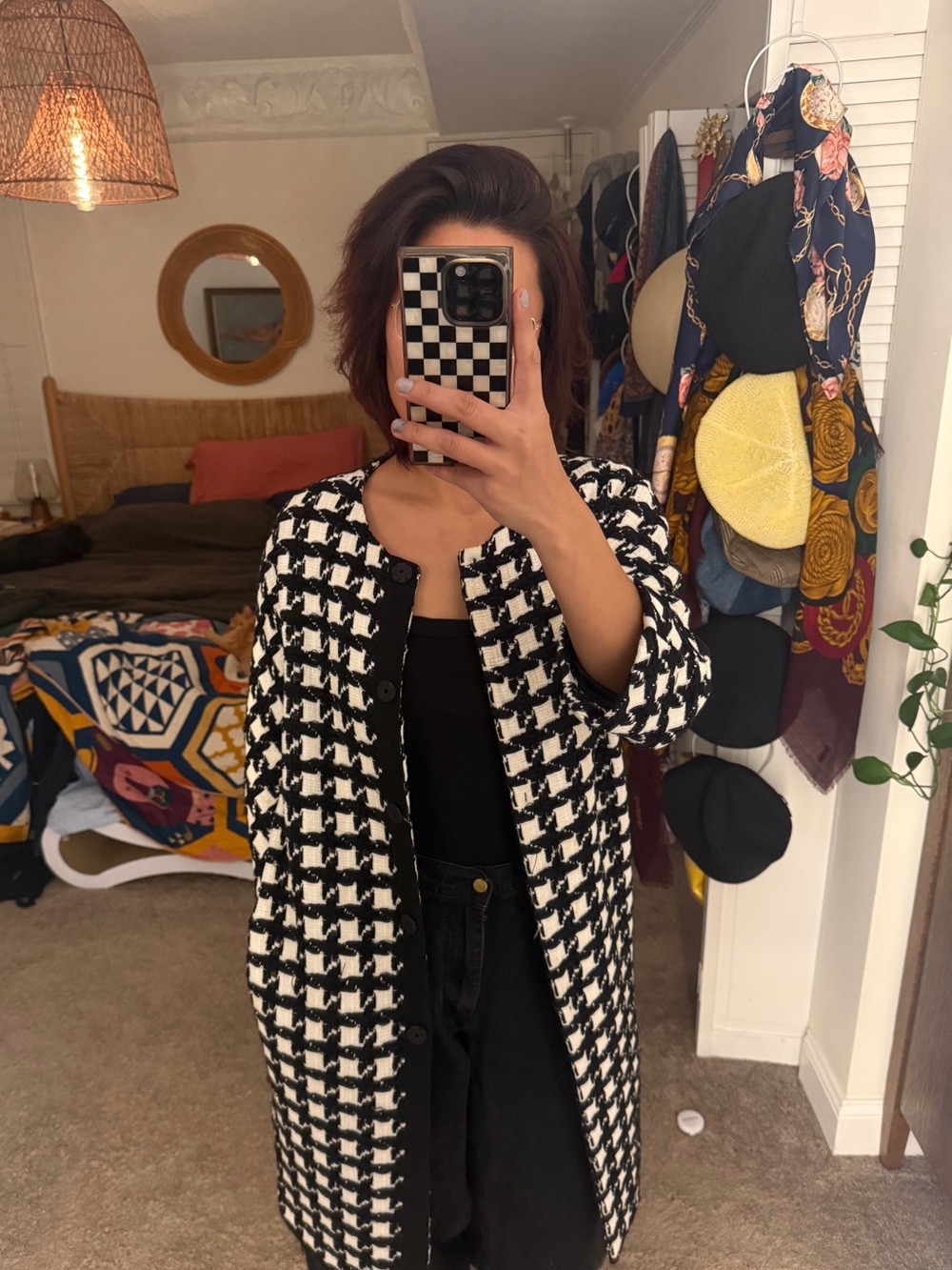 MaxMara Black & White Houndstooth Long Pea Coat